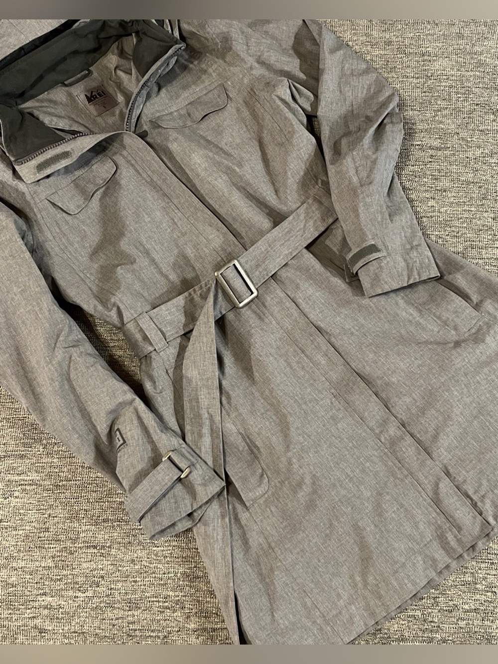 REI E1 Elements Full Zip Detachable Hood Trench Coat Rain Jacket Women’s S GRAY